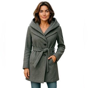 TAHARI Wool Blend Belted Shawl Collar Coat, Jacket in Grey